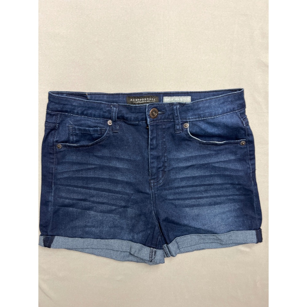 Aeropostale High Waisted Midi Denim Shorts Dark Wash Cuffed Size 8